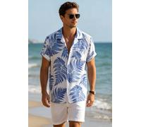 Lovii Men's Men Fern Print Short Sleeve Summer Beach Shirt Blue in White | Size: Medium Lovii White M
