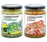 Loving Foods Award-Winning *Organic & Made in the UK* Sauerkraut & Kimchi (2 x 475g) Raw, Unpasteurised & Bursting with Beneficial Live Bacteria (2 x Jars)