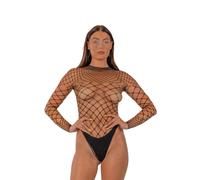 Loving Joy Women's Fence Net Long Sleeved Thong Bodysuit in Black Loving Joy Black One Size