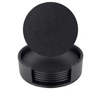 lovingmona Coasters Set of 6 Black Coasters with Holder Black Round Drink Coaster PU Leather Cup Mats for Coffee Beer Tea Mug Wine Pub Home Office Bars