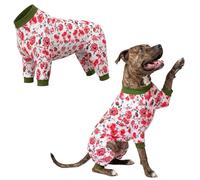 LovinPet Dog Pajamas Onesie for Large Dogs, 4-Leg Full Coverage Outfit, Soft Stretch Cozy Fit, V-Neck, Machine Washable, Hot Pink Brushstroke Floral, Red White, XXL