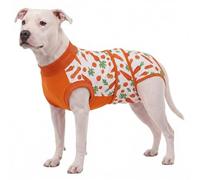 LovinPet Dog Recovery Suit, Soft Post-Surgery Bodysuit with Cotton Belly Panel, Four-Season Wear for Medium Breeds, Vegetable Print, Orange, M