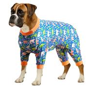LovinPet Large Breed Dog Clothes Pajamas, Wound Care/Post Surgery Full Coverage Shirt, Dinosaur Land Blue Print, Lightweight Stretchy Knit Pullover Dog Onesie, Pet Pajamas for Dogs, Pet PJ's, L