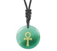 Lovionus89 Adjustable Egyptian Ankh Cross Engraved Round Stone Lucky Coin Amulet Pendant Necklace for Women Man, Green Aventurine