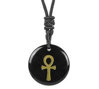 Lovionus89 Adjustable Egyptian Ankh Cross Engraved Round Stone Lucky Coin Amulet Pendant Necklace for Women Man, Black Obsidian