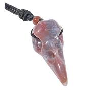 Lovionus89 Natural Crystal Stone Raven Skull Pendant Necklace Hand Carved Crow Head Charm with Adjustable Cord, Multi India Agate
