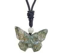 Lovionus89 Natural Crystal Stones Butterfly Skull Pendant,Adjustable Black Cord Gothic Hand Carved Necklace, Moonstone