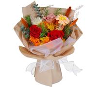 Lovionus89 Preserved Real Roses Bouquet - Mixed Color Eternal Roses with Dried Flowers, Vibrant Dopamine Color Palette, Long-Lasting Small Floral Arrangement for Home Decor, Mother‘s Day, Orange Red