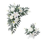 LOVIVER 2 Pieces Wedding Arch Flowers Flower Arrangement Gifts Welcome Sign Farmhouse Artificial Floral Swags Garland for Reception, White