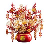LOVIVER Chinese New Year Blessing Bucket, Artificial Potted Plant with Red Branches Gold Flowers, Prosperity Decoration Flocked PP Silk Festive Centerpiece for Home Office Wedding Decor, Chun Jie,Red