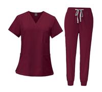 LOVIVER Female Scrub Set Nurse Workwear V Neckline Professional Machine Washable Top and Joggers Pant Work Clothing for Beauty Center, Red, M
