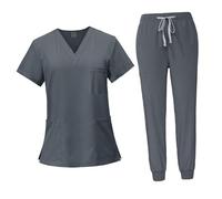LOVIVER Female Scrub Set Nurse Workwear V Neckline Professional Machine Washable Top and Joggers Pant Work Clothing for Beauty Center, Gray, S