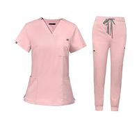 LOVIVER Scrubs Uniforms Women Set Nurse Costume Nursing Uniforms Scrub Set Workwear with V Neck Scrub Nurse Top Pants Work Clothing Women Nursing Work for Cosmetology SPA Pet Groomer, Pink S
