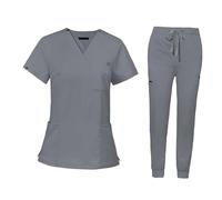 LOVIVER Scrubs Uniforms Women Set Nurse Costume Uniforms Scrub Set with Short Sleeve Modern V Neck Scrub Top Nurse Pants Female Stretch Nursing Work for Healthcare SPA Pet Groomer, L, Gray
