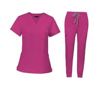 LOVIVER Scrubs Uniforms Women Set Nurse Costume Uniforms Scrub Set with Short Sleeve Modern V Neck Scrub Top Nurse Pants Female Stretch Nursing Work for Healthcare SPA Pet Groomer, L, Rose Red