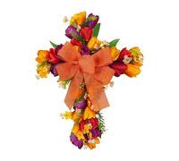 LOVIVER Tulip Wreath Door Cross Wreath Reusable Gift Easter Decoration Artificial Flower Wreath for Wall Housewarming Festival Party, Orange Bow