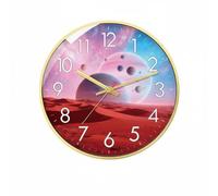 LOVIVER Wall Clock Space Theme Round Wall Clock Silent Mechanism Non Ticking Large Readable Numbers Glass Cover Wall Hanging Clock Case Galaxy Design suitable, 20CM, Planet A-gold Frame