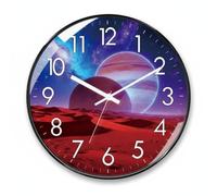 LOVIVER Wall Clock Space Theme Round Wall Clock Silent Mechanism Non Ticking Large Readable Numbers Glass Cover Wall Hanging Clock Case Galaxy Design suitable, 20CM, Planet-black Frame