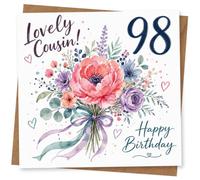Lovley Cousin 98th Birthday Card for Cousin, Floral Watercolour Design with Happy Birthday Message
