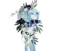 Lovmeety Dusty Blue Cascading Wedding Bouquet, Waterfall Bridal Bouquet Silk Teardrop Rose Bouquet with Orchid Flowers for Wedding Anniversary Ceremony Party Church Decor