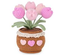 Lovmeety Handmade Potted Crochet Tulip Bouquet, Blush Pink Crocheted Tulips Hand Woven Flowers Knitted Flowers in Exquisite Pot Gift for Women Friends Kids for Home Desk Decor