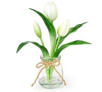 Lovmeety Tulips Artificial Flowers in Glass Vase with Faux Water, Real Touch White Tulips with Vase Floral Arrangement Table Centerpiece Decorations for Home Kitchen Office Wedding