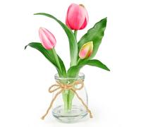 Lovmeety Tulips Artificial Flowers with Vase, Real Touch Pink Tulips in Glass Vase with Faux Water Small Fake Plants Flowers Arrangement for Home Room Office Wedding Table Centerpiece