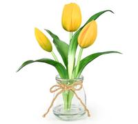 Lovmeety Tulips Artificial Flowers with Vase, Yellow Real Touch Tulips with Faux Water Small Potted Flowers Table Centerpiece for Home Bathroom Office Desk Shelf Wedding Decor
