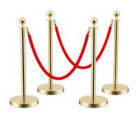 LOVMOR Stainless Steel Stanchion Post, 5 FT Red Carpet Ropes and Poles, 4 pcs Gold Stanchions with Red Rope, Hollow Base and Velvet Ropes Safety Barriers Set, Carpet Runner for Party