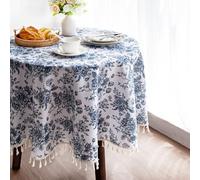 LOVOUS Vintage Blue Floral Round Tablecloth 60 Inch - Washable Linen Table Cloth for Round Table Cover Indoor & Outdoor Dining, Restaurant, Picnic, Pastoral Tablecloth Decor
