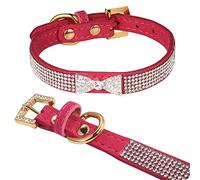 LOVPE Cat Collar,Dog Collar Diamond Crystal Bow-Knot Tie Collar,Golden Rhinestone Buckle and Comfortable Velvet Leather with 5 Rows Bling Rhinestone Collar for Small Dogs Medium Cat (S, Rosered)