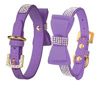 LOVPE Dog Collar/Cat Collar Crystal Velvet Leather with Bow-knot Tie Rhinestone Collars for Puppy/kitten Small Dogs&Cats (S(Neck for:10-13 Inch), Purple)