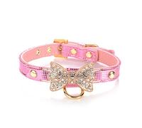 LOVPE Gold Bling Diamond Giltter Leather Fashion Collar with Ring for Tags for Small Dogs/Cats,[Adjustable Collars for puppy/kitten] (S, Pink)