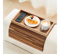 LOVYANXUE Acacia Wood Sofa Arm Tray, Foldable Couch Armrest Table with Anti-Slip Pad, Couch Arm Tray & Cup Holder for Drinks, Coffee, Snacks, Phone, Remote Control