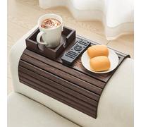 LOVYANXUE Bamboo Sofa Arm Tray Table, Foldable Couch Cup Holder, Anti-Slip Wide Couch Arm Tray Aremrest Table for Drink, Cup, Remote, Snacks, Cellphone, Portable, Brown