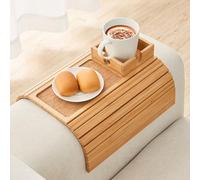 LOVYANXUE Bamboo Sofa Arm Tray Table, Foldable Couch Cup Holder, Anti-Slip Wide Couch Arm Tray Aremrest Table for Drink, Cup, Remote, Snacks, Cellphone, Portable, Bamboo/Cork Color