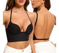 Low Back Bras for Women-Invisible Backless Bra-Seamless Secret Plunge Bra Lightly Lined Open Back Multiway Halter Bras(Black, 34E)