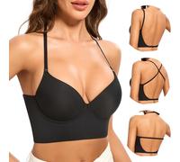 Low Back Bras for Women-Seamless Invisible Backless Bra-Secret Plunge Bra Lightly Lined Open Back Multiway Halter Bras(Black, 34B)