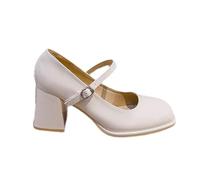 Low Block Mary Jane Pumps for Women, Comfortable Closed Square Dress Shoes, Chunky Mary Jane Heels for Work White