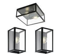 Low Ceiling Light & 2x Matching Wall Lights Black & Clear Glass Modern Box Lamp