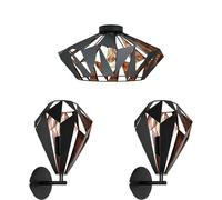 Low Ceiling Light & 2x Matching Wall Lights Black Copper Geometric Lamp Shade