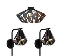 Low Ceiling Light & 2x Matching Wall Lights Black & Copper Geometric Shade