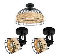 Low Ceiling Light & 2x Matching Wall Lights Black & Wicker Wood Cage Shade