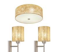 Low Ceiling Light & 2x Matching Wall Lights Gold Fabric Round Diffused Shade