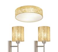 Low Ceiling Light & 2X Matching Wall Lights -Gold Fabric Round Trendy Lamp Shade - Semi Flush Profile Modern Trendy Living Room LED Set Kit