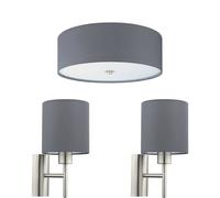 Low Ceiling Light & 2x Matching Wall Lights Grey Fabric Round Shade Lamp
