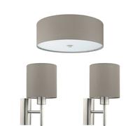Low Ceiling Light & 2x Matching Wall Lights Taupe Fabric Round Shade Lamp