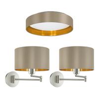 Low Ceiling Light & 2x Matching Wall Lights Taupe & Gold Round Diffused Lamp