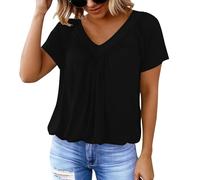 Low Cut Top Ladies Short Sleeve Tops Elegant Pleated V-Neck Bubble Hem Top for Women UK Oversized Loose Fit Casual Summer Beach Vacation T Shirts Solid Color Fashion Going Out Blouses Top Black