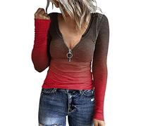 Low Cut Tops Women Gradient Color Print Notch Neck Long Sleeve T Shirts Slim Fitted Blouse Basic Ribbed Knit Tops Oversized Shirts Aesthetic Streetwear Ladies Baggy Plus Size Casual T Shirt Red